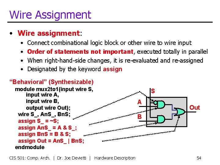 Wire Assignment • Wire assignment: • • Connect combinational logic block or other wire