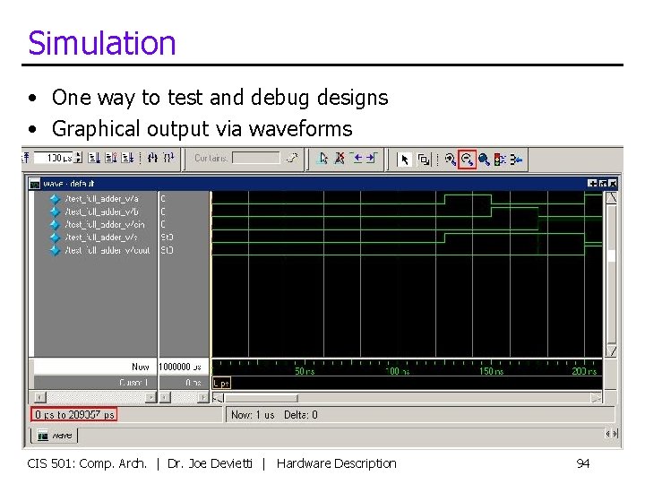 Simulation • One way to test and debug designs • Graphical output via waveforms