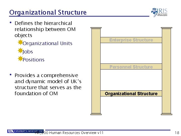 Organizational Structure • Defines the hierarchical relationship between OM objects Organizational Units Jobs Positions