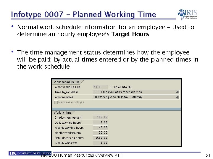 Infotype 0007 - Planned Working Time • Normal work schedule information for an employee