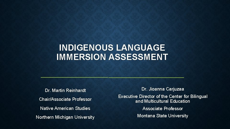 INDIGENOUS LANGUAGE IMMERSION ASSESSMENT Dr. Martin Reinhardt Dr. Jioanna Carjuzaa Chair/Associate Professor Executive Director