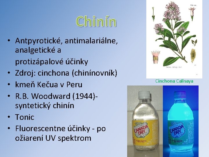 Chinín • Antpyrotické, antimalariálne, analgetické a protizápalové účinky • Zdroj: cinchona (chinínovník) • kmeň