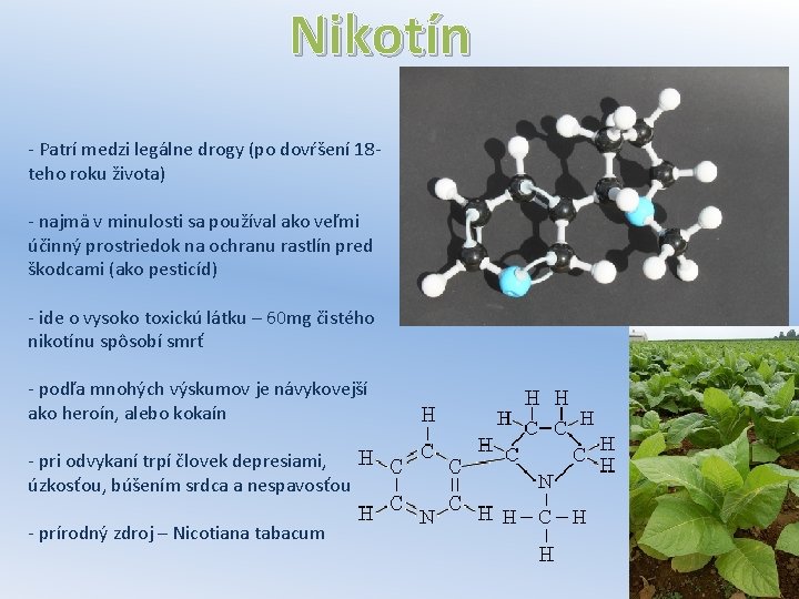 Nikotín - Patrí medzi legálne drogy (po dovŕšení 18 teho roku života) - najmä