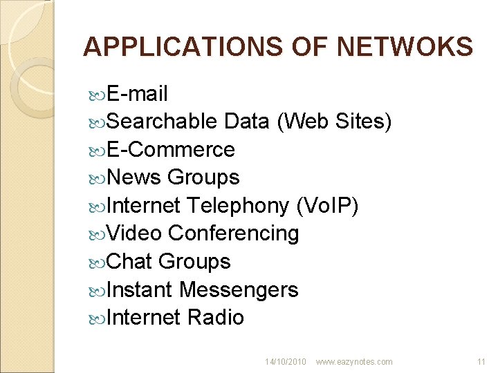 APPLICATIONS OF NETWOKS E-mail Searchable Data (Web Sites) E-Commerce News Groups Internet Telephony (Vo.