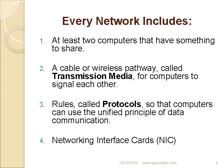 Every Network Includes: 1. At least two computers that have something to share. 2.