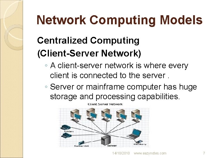 Network Computing Models Centralized Computing (Client-Server Network) ◦ A client-server network is where every