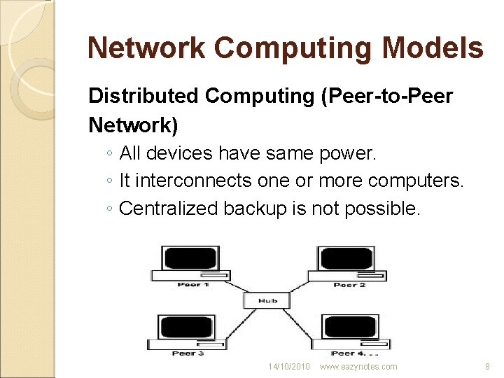 Network Computing Models Distributed Computing (Peer-to-Peer Network) ◦ All devices have same power. ◦