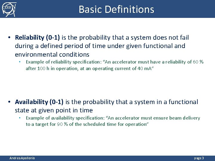 Reliability and Availability of Particle Accelerators Concepts Lessons