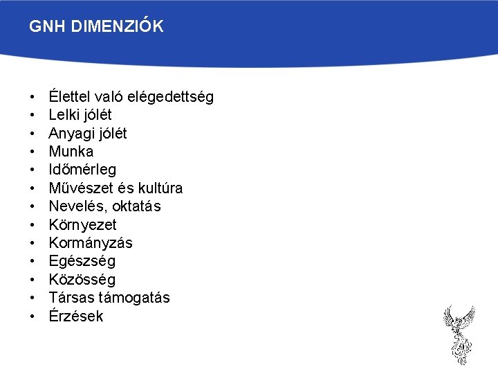 GNH DIMENZIÓK • • • • Élettel való elégedettség Lelki jólét Anyagi jólét Munka