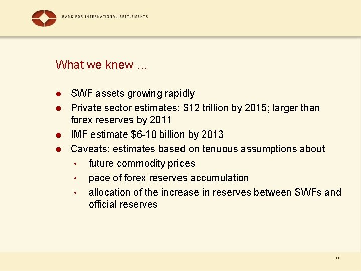 What we knew … SWF assets growing rapidly l Private sector estimates: $12 trillion