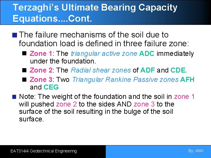Terzaghi’s Ultimate Bearing Capacity Equations. . Cont. The failure mechanisms of the soil due