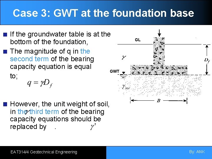 Case 3: GWT at the foundation base If the groundwater table is at the