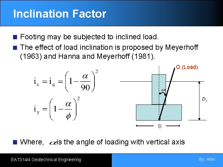 Inclination Factor Footing may be subjected to inclined load. The effect of load inclination