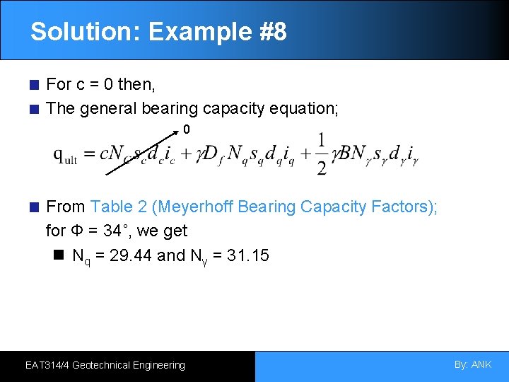 Solution: Example #8 For c = 0 then, The general bearing capacity equation; 0