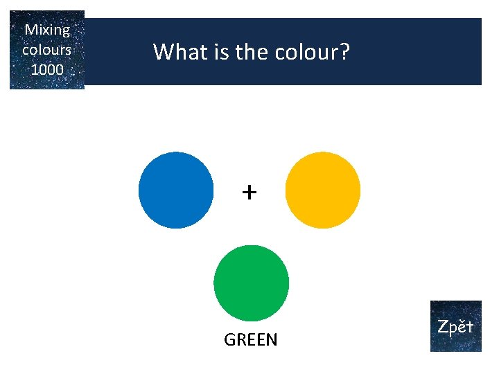 Mixing colours 1000 What is the colour? + ? GREEN Zpět Mixing colours 1000 What is the colour? + ? GREEN Zpět