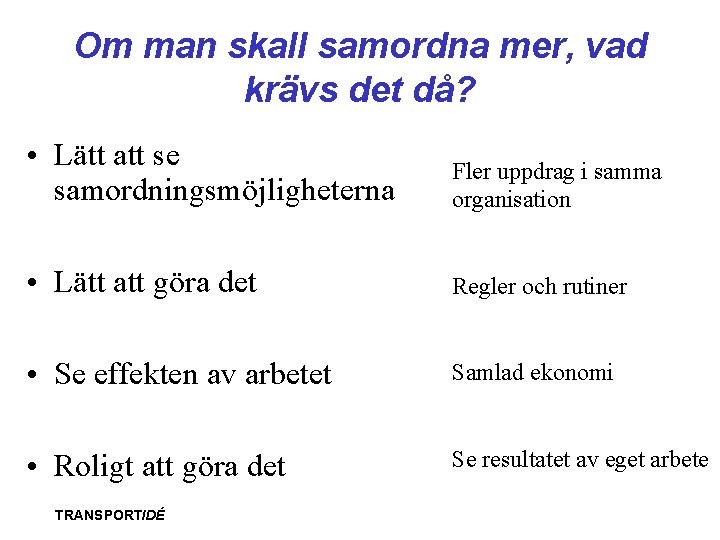 Om man skall samordna mer, vad krävs det då? • Lätt att se samordningsmöjligheterna Om man skall samordna mer, vad krävs det då? • Lätt att se samordningsmöjligheterna