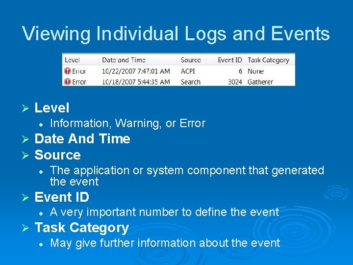 Viewing Individual Logs and Events Ø Level l Ø Ø Date And Time Source