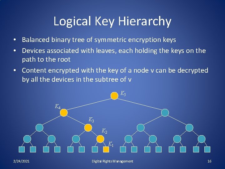 Logical Key Hierarchy • Balanced binary tree of symmetric encryption keys • Devices associated