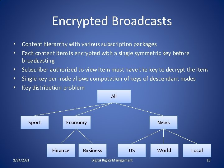 Encrypted Broadcasts • Content hierarchy with various subscription packages • Each content item is