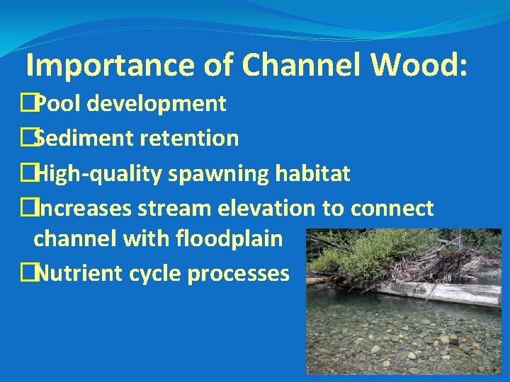Importance of Channel Wood: �Pool development �Sediment retention �High-quality spawning habitat �Increases stream elevation