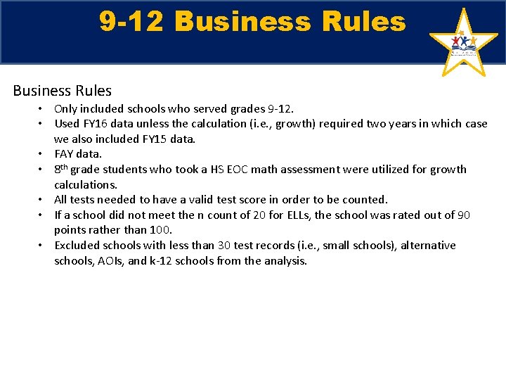 9 -12 Business Rules • Only included schools who served grades 9 -12. • 9 -12 Business Rules • Only included schools who served grades 9 -12. •
