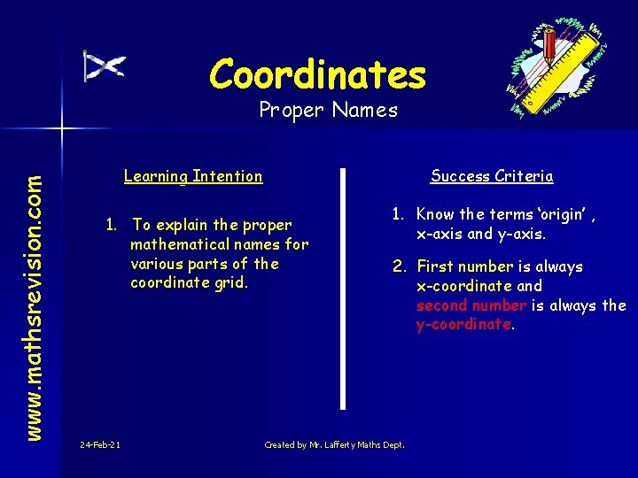 Coordinates www. mathsrevision. com Proper Names Learning Intention Success Criteria 1. To explain the