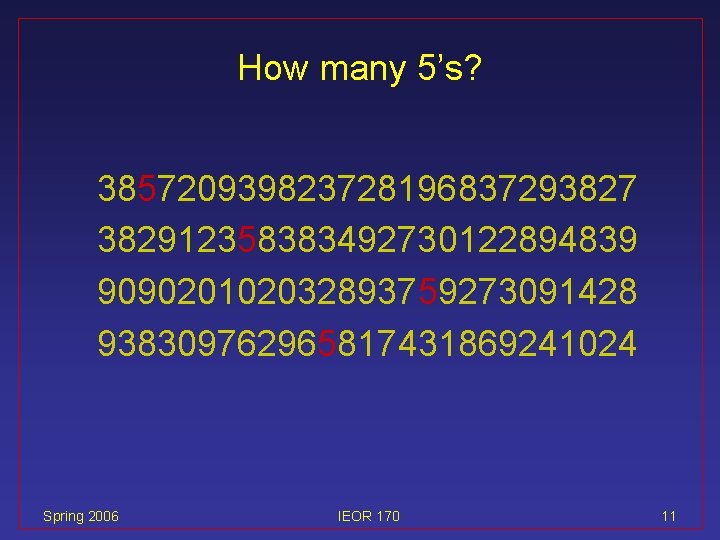 How many 5’s? 385720939823728196837293827 382912358383492730122894839 909020102032893759273091428 938309762965817431869241024 Spring 2006 IEOR 170 11 