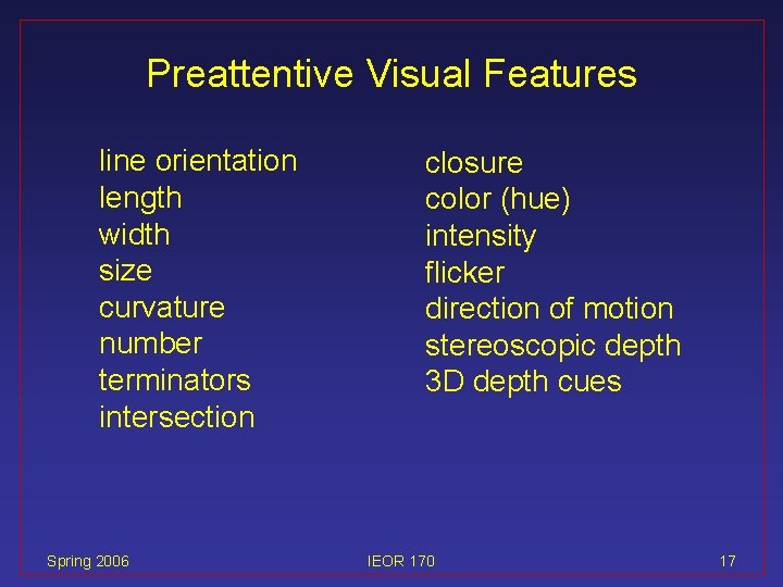 Preattentive Visual Features line orientation length width size curvature number terminators intersection Spring 2006