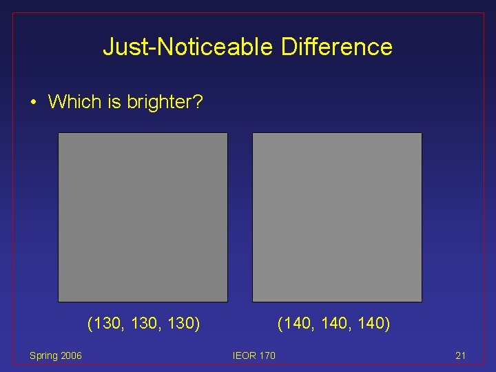 Just-Noticeable Difference • Which is brighter? (130, 130) Spring 2006 (140, 140) IEOR 170