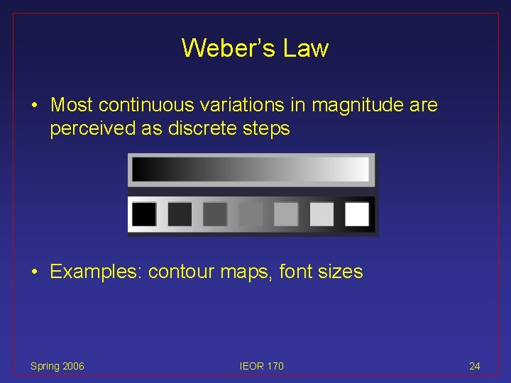 Weber’s Law • Most continuous variations in magnitude are perceived as discrete steps •