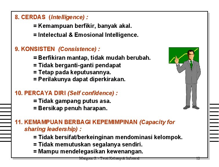 8. CERDAS (Intelligence) : = Kemampuan berfikir, banyak akal. = Intelectual & Emosional Intelligence.