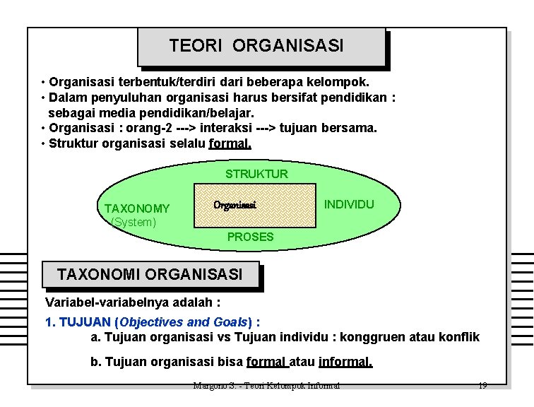 TEORI ORGANISASI • Organisasi terbentuk/terdiri dari beberapa kelompok. • Dalam penyuluhan organisasi harus bersifat