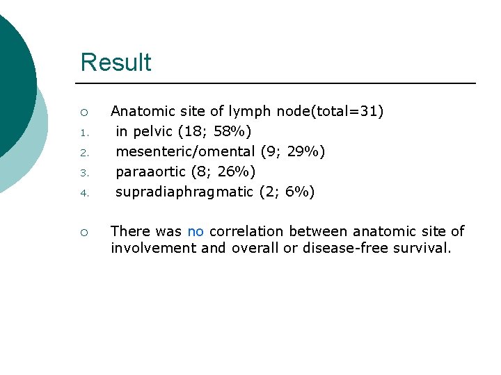 Result ¡ 1. 2. 3. 4. ¡ Anatomic site of lymph node(total=31) in pelvic Result ¡ 1. 2. 3. 4. ¡ Anatomic site of lymph node(total=31) in pelvic