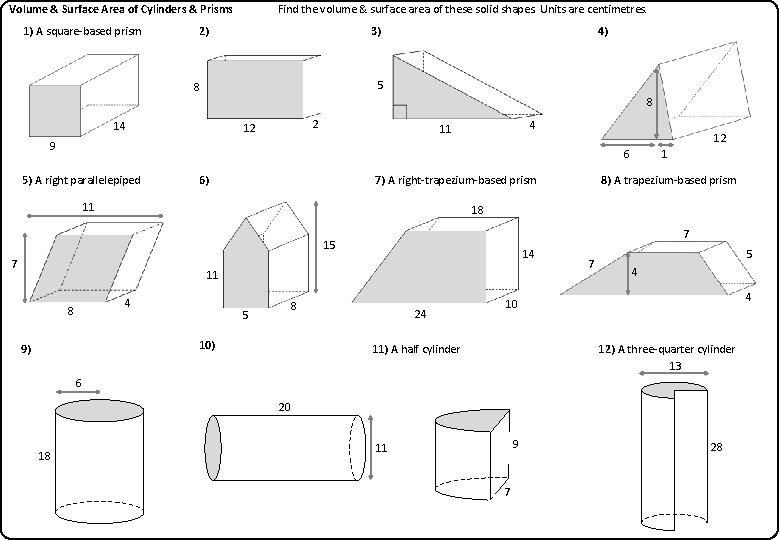 Volume & Surface Area of Cylinders & Prisms 1) A square-based prism Find the