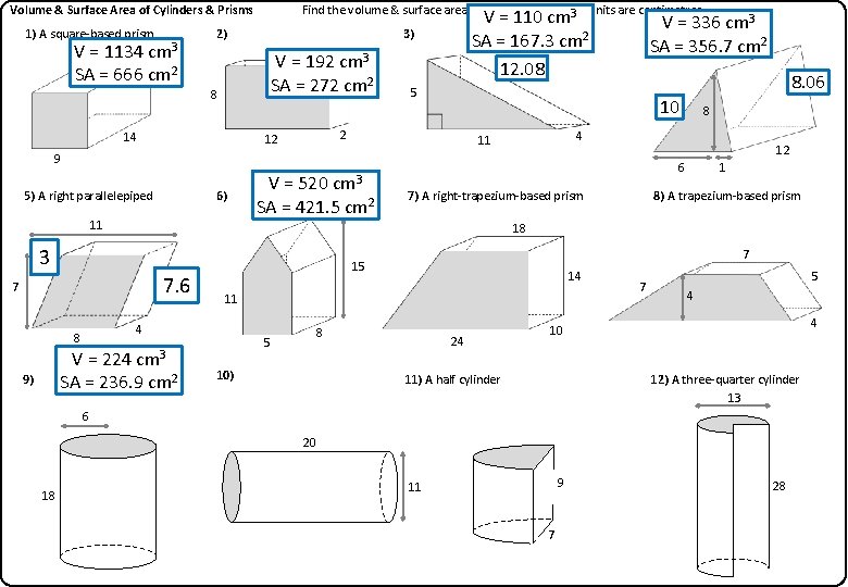 Volume & Surface Area of Cylinders & Prisms 1) A square-based prism V =