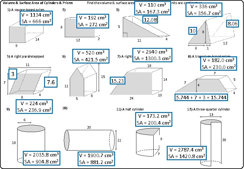 Volume & Surface Area of Cylinders & Prisms 1) A square-based prism V =