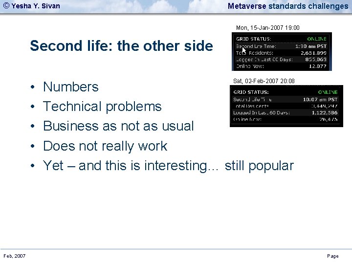 © Yesha Y. Sivan Metaverse standards challenges Mon, 15 -Jan-2007 19: 00 Second life: