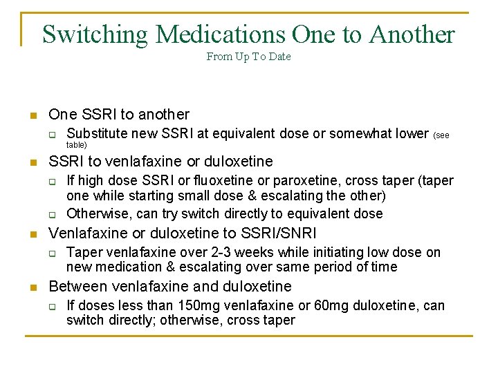 Switching Medications One to Another From Up To Date n One SSRI to another