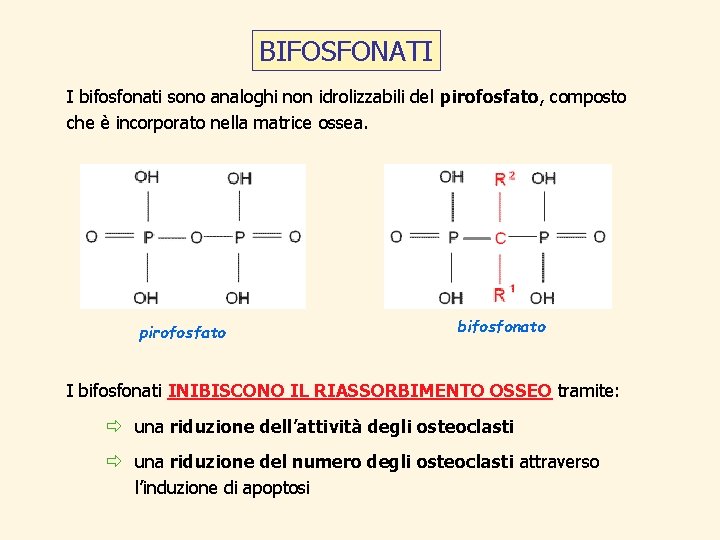 BIFOSFONATI I bifosfonati sono analoghi non idrolizzabili del pirofosfato, composto che è incorporato nella