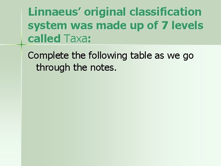 Linnaeus’ original classification system was made up of 7 levels called Taxa: Complete the