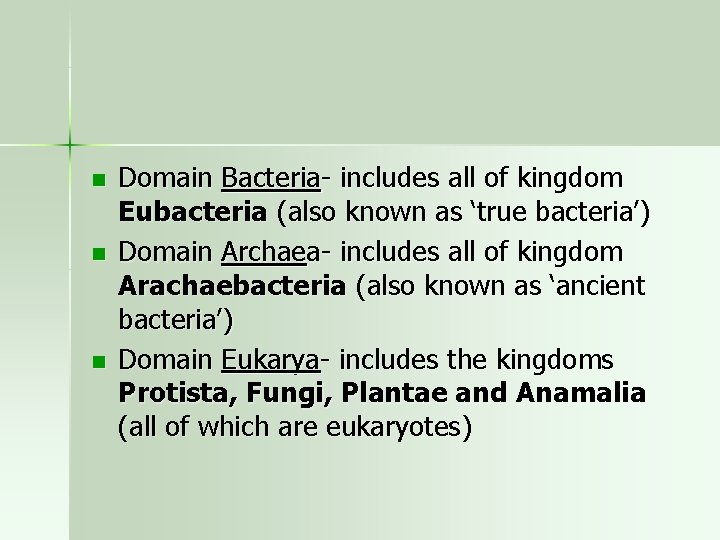 n n n Domain Bacteria- includes all of kingdom Eubacteria (also known as ‘true
