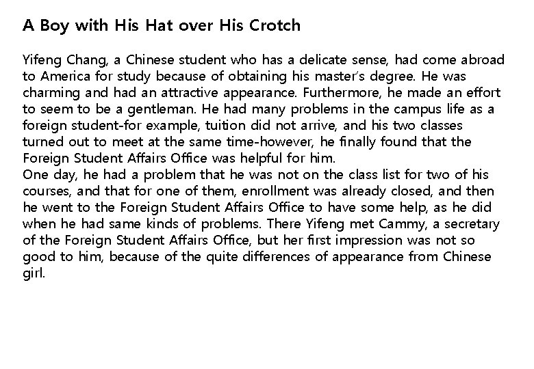 A Boy with His Hat over His Crotch Yifeng Chang, a Chinese student who