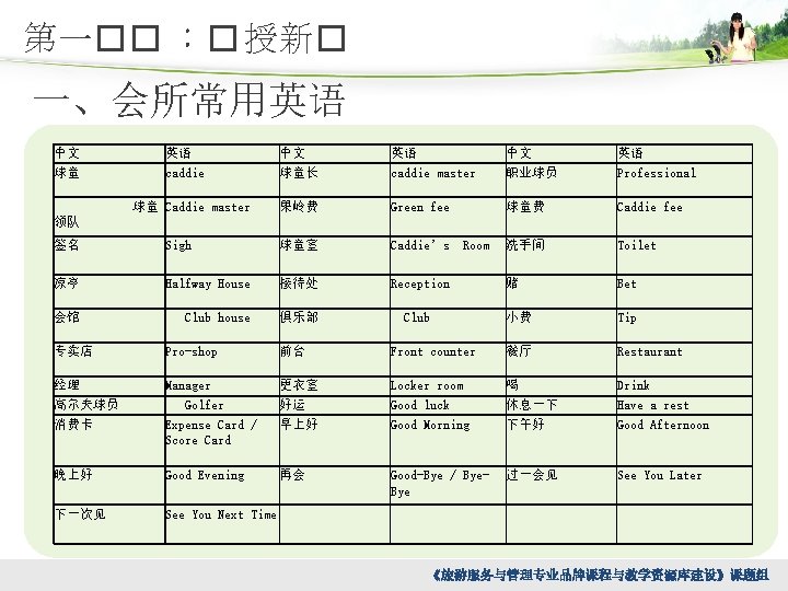 第一�� ：� 授新� 一、会所常用英语 中文 球童 英语 caddie 球童 Caddie master 中文 球童长 英语