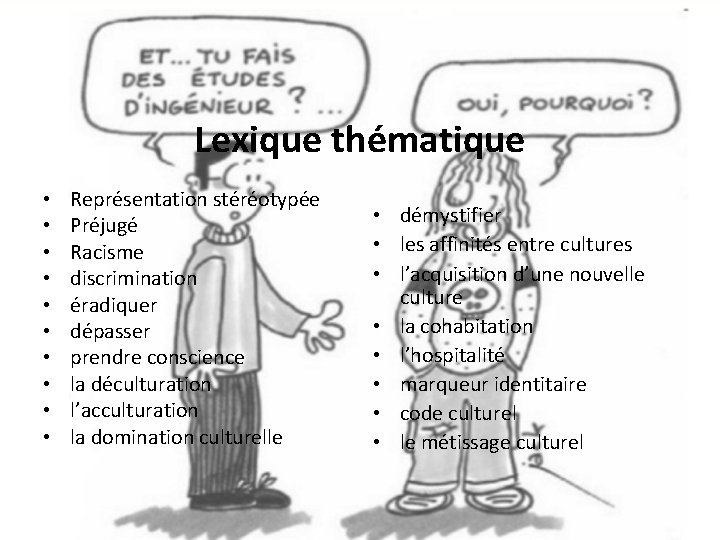 Lexique thématique • • • Représentation stéréotypée Préjugé Racisme discrimination éradiquer dépasser prendre conscience