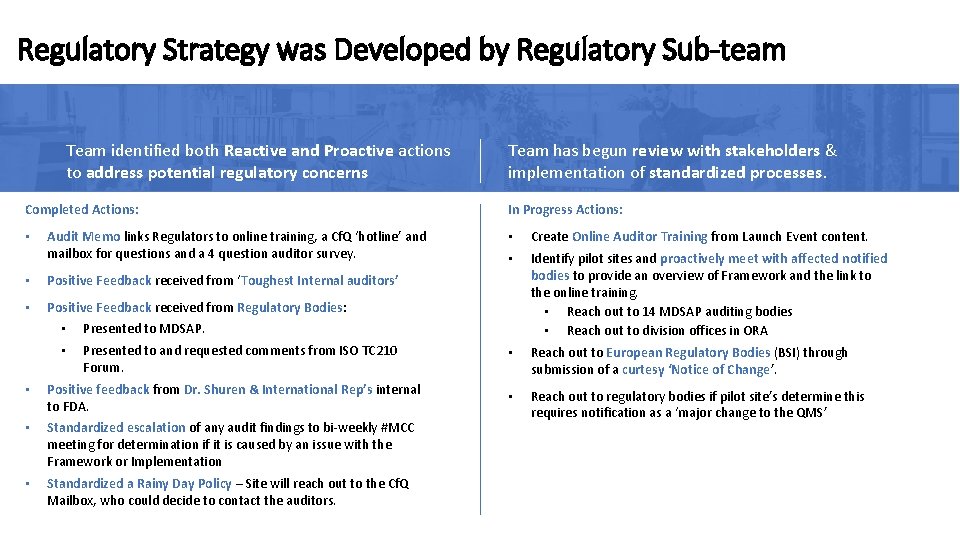 Regulatory Strategy was Developed by Regulatory Sub-team Team identified both Reactive and Proactive actions