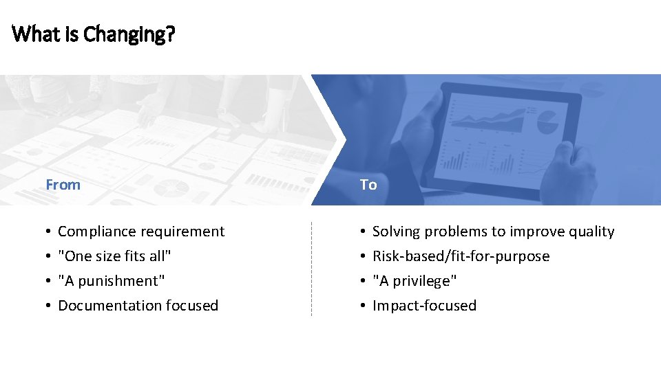 What is Changing? From • • Compliance requirement "One size fits all" "A punishment"