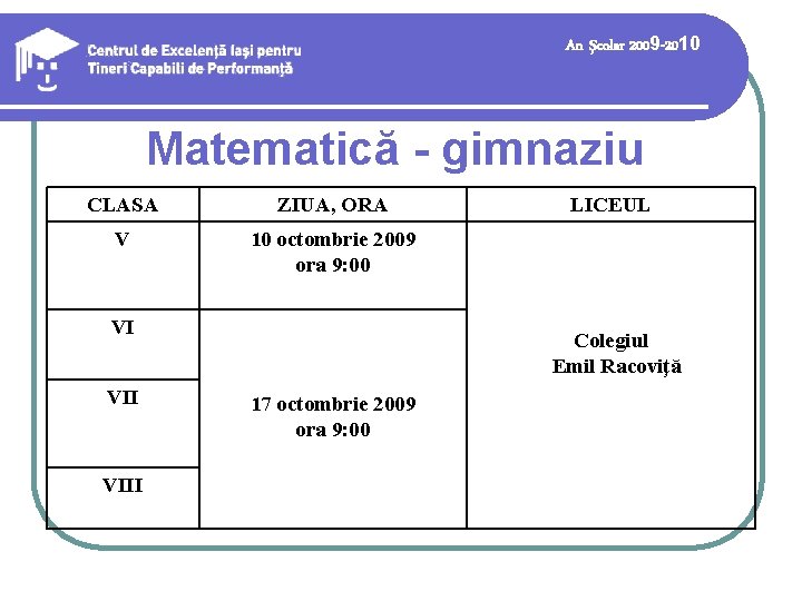 An şcolar 2009 -2010 Matematică - gimnaziu CLASA ZIUA, ORA V 10 octombrie 2009 An şcolar 2009 -2010 Matematică - gimnaziu CLASA ZIUA, ORA V 10 octombrie 2009