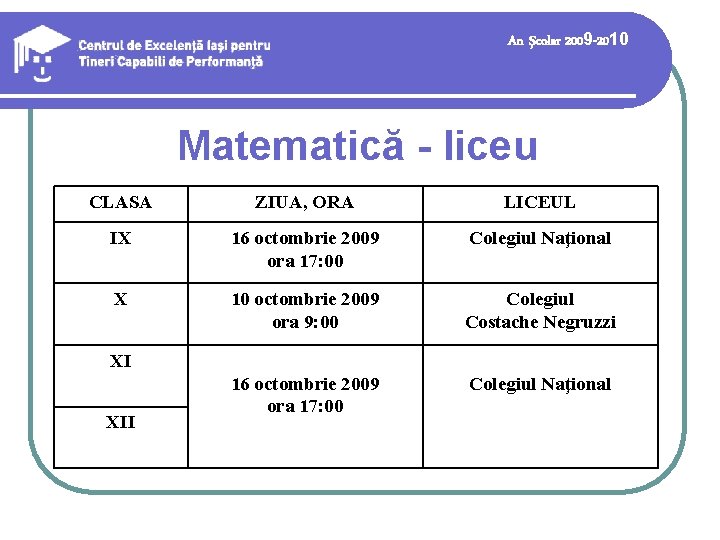 An şcolar 2009 -2010 Matematică - liceu CLASA ZIUA, ORA LICEUL IX 16 octombrie An şcolar 2009 -2010 Matematică - liceu CLASA ZIUA, ORA LICEUL IX 16 octombrie