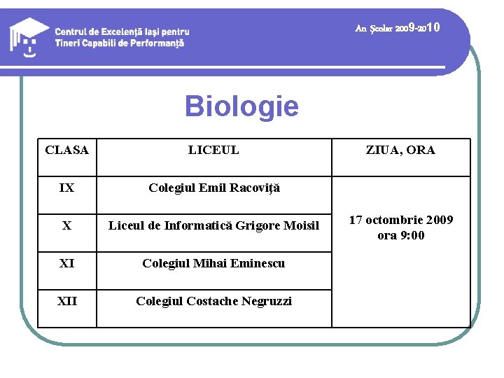 An şcolar 2009 -2010 Biologie CLASA LICEUL IX Colegiul Emil Racoviţă X Liceul de An şcolar 2009 -2010 Biologie CLASA LICEUL IX Colegiul Emil Racoviţă X Liceul de