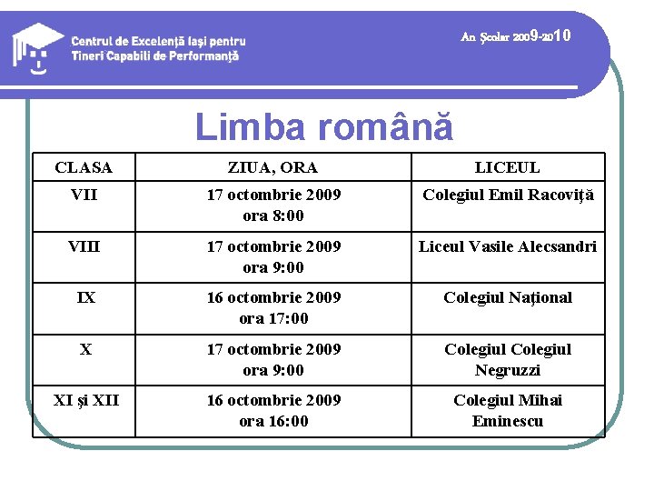 An şcolar 2009 -2010 Limba română CLASA ZIUA, ORA LICEUL VII 17 octombrie 2009 An şcolar 2009 -2010 Limba română CLASA ZIUA, ORA LICEUL VII 17 octombrie 2009